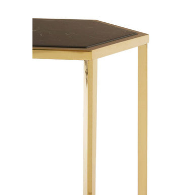 Hexagonal End Table With Black Marble Top & Bottom & Gold Stainless Steel Frame, Piermount