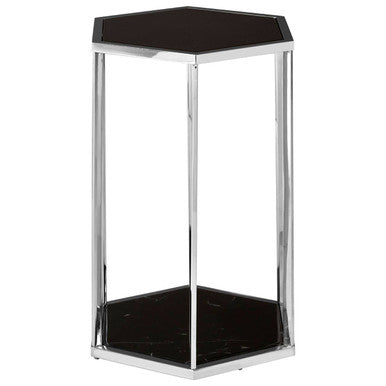 Hexagonal End Table With Black Marble Top & Bottom & Silver Stainless Steel Frame, Piermount