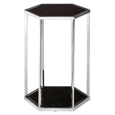 Hexagonal End Table With Black Marble Top & Bottom & Silver Stainless Steel Frame, Piermount