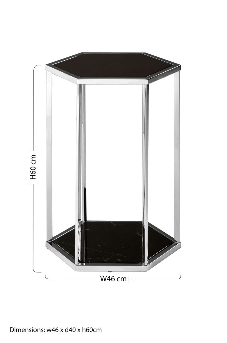 Hexagonal End Table With Black Marble Top & Bottom & Silver Stainless Steel Frame, Piermount