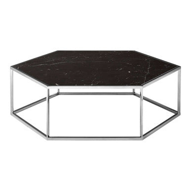 Silver Stainless Steel Frame Hexagon Coffee Table With Black Marble Top, Piermount