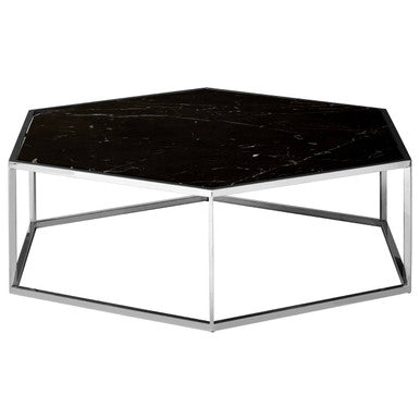 Silver Stainless Steel Frame Hexagon Coffee Table With Black Marble Top, Piermount