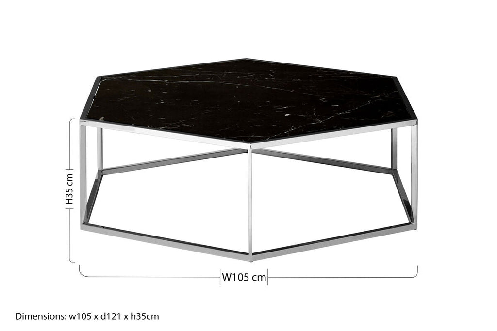 Silver Stainless Steel Frame Hexagon Coffee Table With Black Marble Top, Piermount