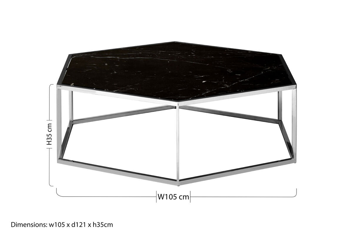 Silver Stainless Steel Frame Hexagon Coffee Table With Black Marble Top, Piermount