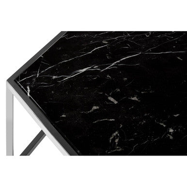 Silver Stainless Steel Frame Hexagon Coffee Table With Black Marble Top, Piermount
