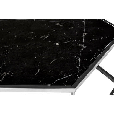 Silver Stainless Steel Frame Hexagon Coffee Table With Black Marble Top, Piermount