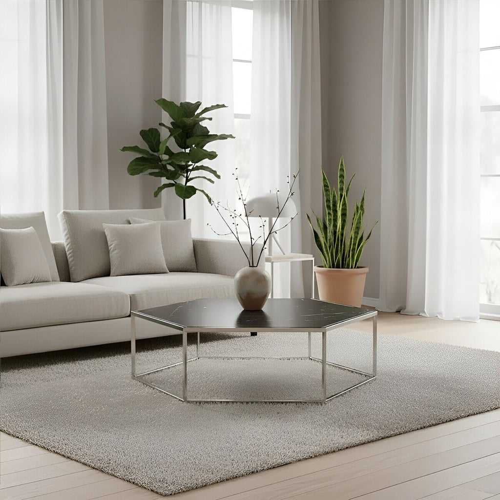 Silver Stainless Steel Frame Hexagon Coffee Table With Black Marble Top, Piermount