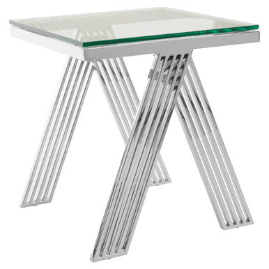 Clear Glass Top End Table With Silver Stainless Steel Slim Lines Frame, Piermount