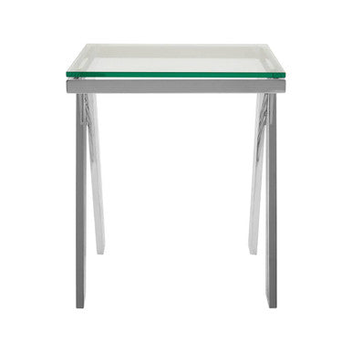 Clear Glass Top End Table With Silver Stainless Steel Slim Lines Frame, Piermount