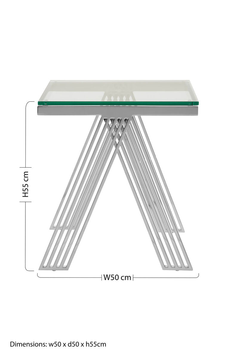 Clear Glass Top End Table With Silver Stainless Steel Slim Lines Frame, Piermount