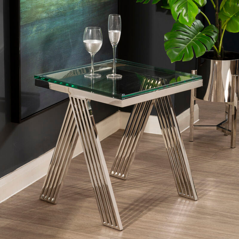 Clear Glass Top End Table With Silver Stainless Steel Slim Lines Frame, Piermount