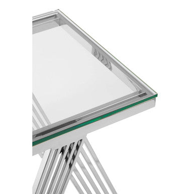 Clear Glass Top End Table With Silver Stainless Steel Slim Lines Frame, Piermount