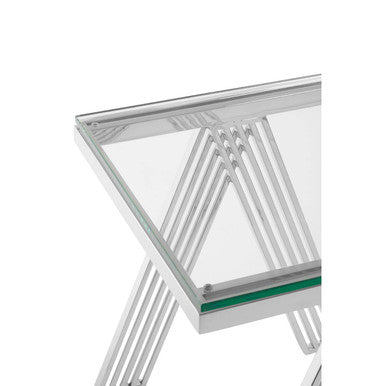 Clear Glass Top End Table With Silver Stainless Steel Slim Lines Frame, Piermount