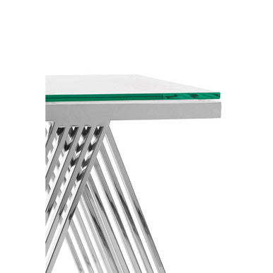 Clear Glass Top End Table With Silver Stainless Steel Slim Lines Frame, Piermount