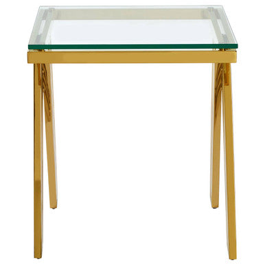 Clear Glass Top End Table With Gold Stainless Steel Slim Lines Frame, Piermount
