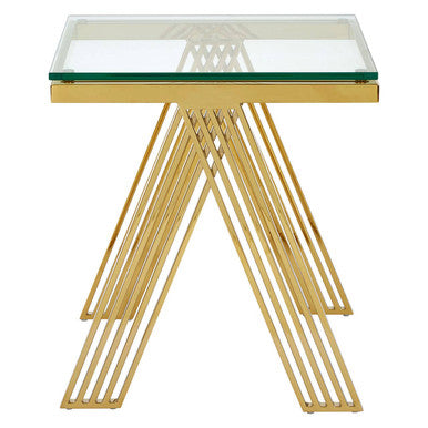 Clear Glass Top End Table With Gold Stainless Steel Slim Lines Frame, Piermount