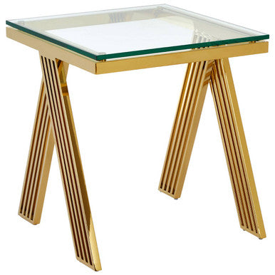 Clear Glass Top End Table With Gold Stainless Steel Slim Lines Frame, Piermount