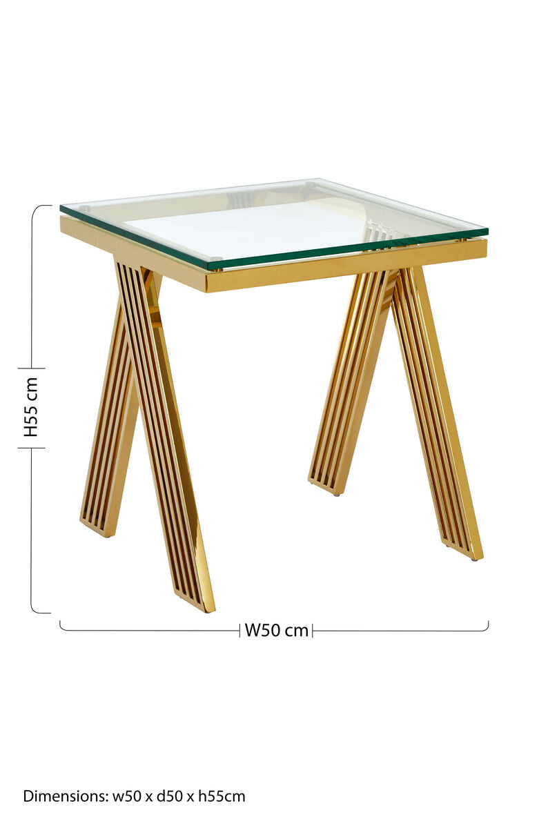 Clear Glass Top End Table With Gold Stainless Steel Slim Lines Frame, Piermount