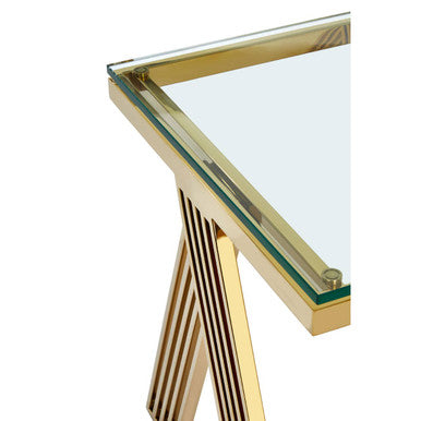 Clear Glass Top End Table With Gold Stainless Steel Slim Lines Frame, Piermount