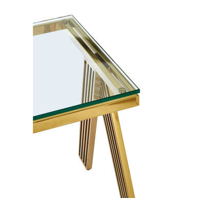 Clear Glass Top End Table With Gold Stainless Steel Slim Lines Frame, Piermount