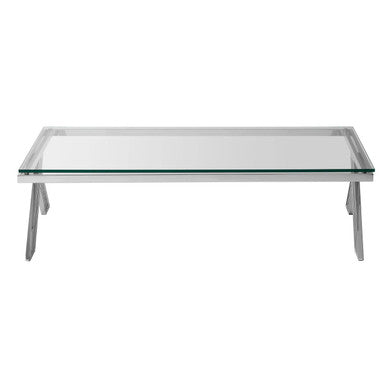 Clear Glass Top Rectangular Coffee Table With Silver Stainless Steel Slim Lines Frame, Piermount