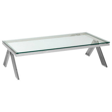 Clear Glass Top Rectangular Coffee Table With Silver Stainless Steel Slim Lines Frame, Piermount