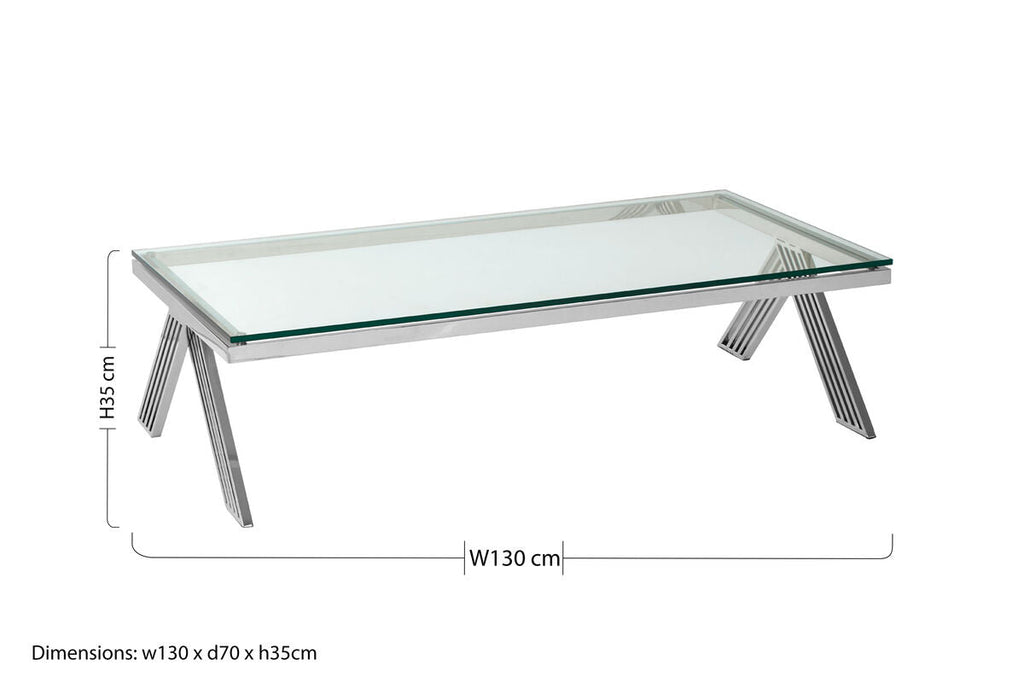 Clear Glass Top Rectangular Coffee Table With Silver Stainless Steel Slim Lines Frame, Piermount