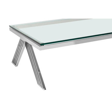 Clear Glass Top Rectangular Coffee Table With Silver Stainless Steel Slim Lines Frame, Piermount