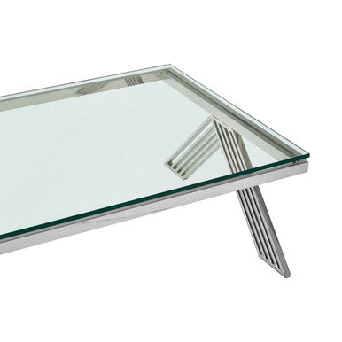 Clear Glass Top Rectangular Coffee Table With Silver Stainless Steel Slim Lines Frame, Piermount