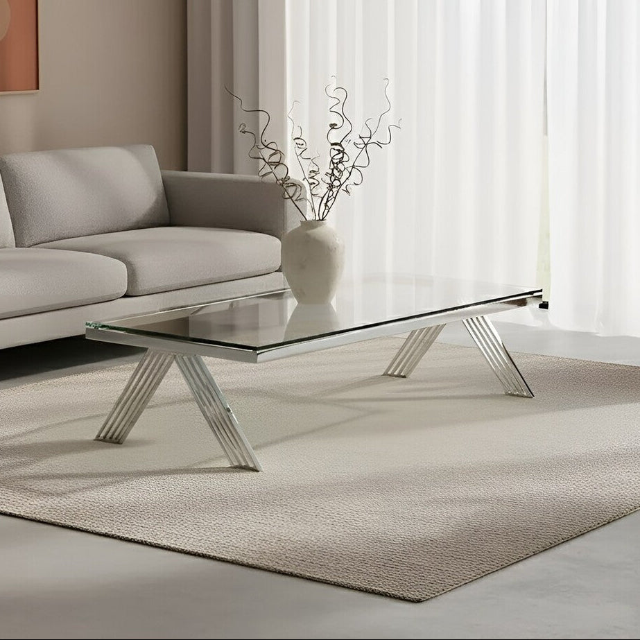 Clear Glass Top Rectangular Coffee Table With Silver Stainless Steel Slim Lines Frame, Piermount