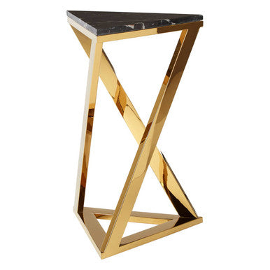 Black Marble Top End Table With Gold-Finished Steel Three Angled Legs & Triangular Base, Piermount