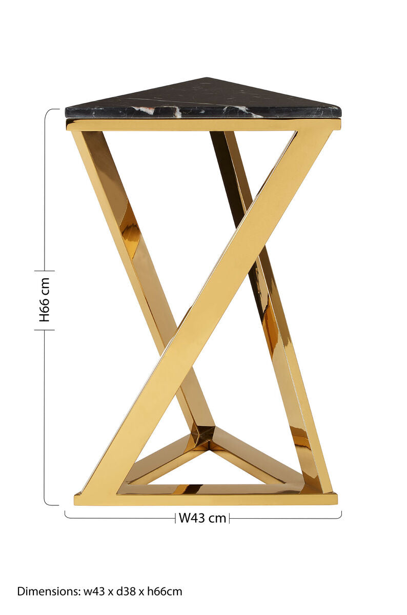 Black Marble Top End Table With Gold-Finished Steel Three Angled Legs & Triangular Base, Piermount