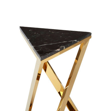 Black Marble Top End Table With Gold-Finished Steel Three Angled Legs & Triangular Base, Piermount