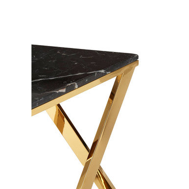 Black Marble Top End Table With Gold-Finished Steel Three Angled Legs & Triangular Base, Piermount