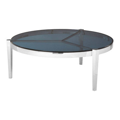 Smoky Grey Glass Round Top Coffee Table With Silver Stainless Steel Frame, Piermount