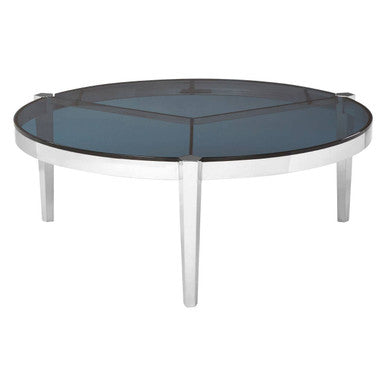 Smoky Grey Glass Round Top Coffee Table With Silver Stainless Steel Frame, Piermount