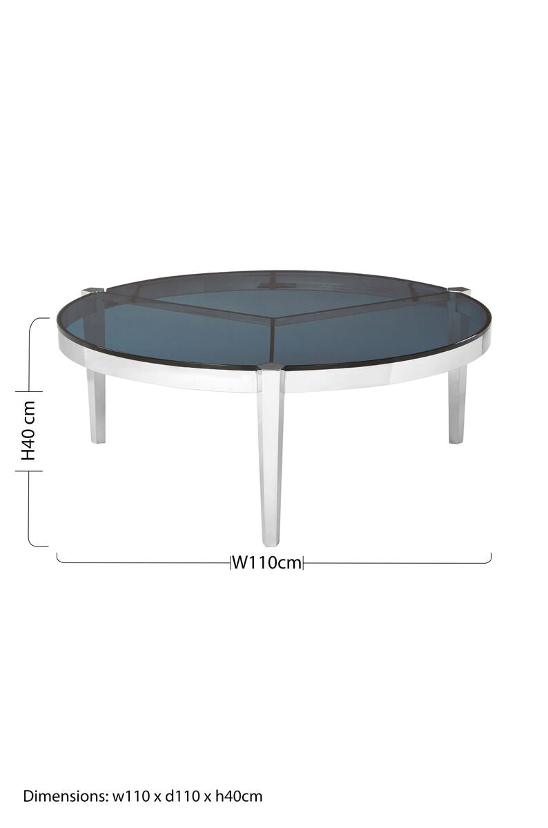 Smoky Grey Glass Round Top Coffee Table With Silver Stainless Steel Frame, Piermount