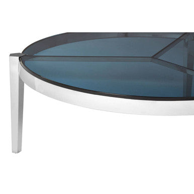 Smoky Grey Glass Round Top Coffee Table With Silver Stainless Steel Frame, Piermount