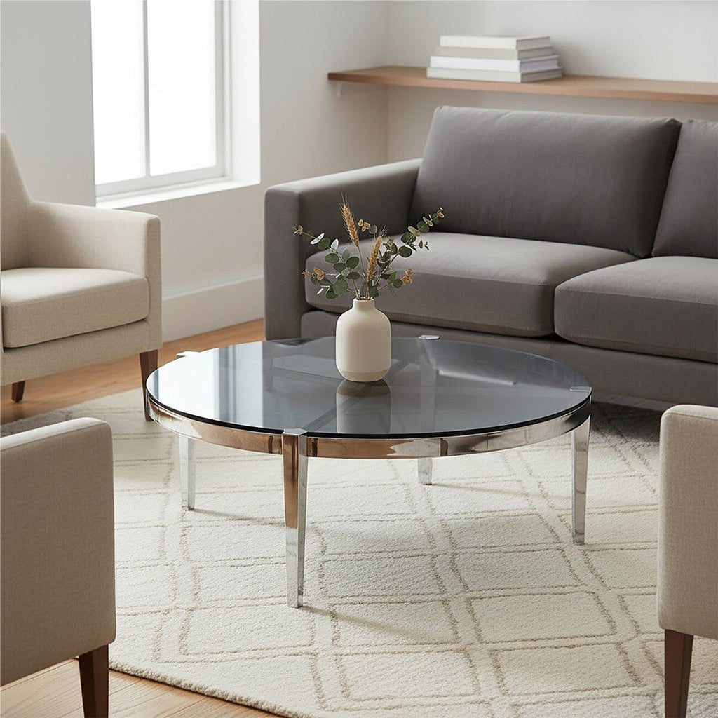 Smoky Grey Glass Round Top Coffee Table With Silver Stainless Steel Frame, Piermount
