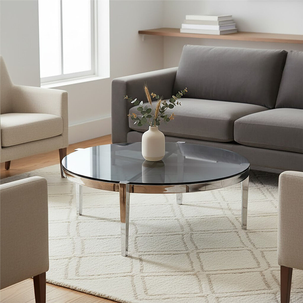 Smoky Grey Glass Round Top Coffee Table With Silver Stainless Steel Frame, Piermount