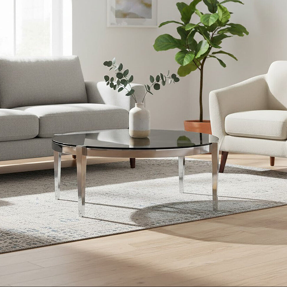 Smoky Grey Glass Round Top Coffee Table With Silver Stainless Steel Frame, Piermount