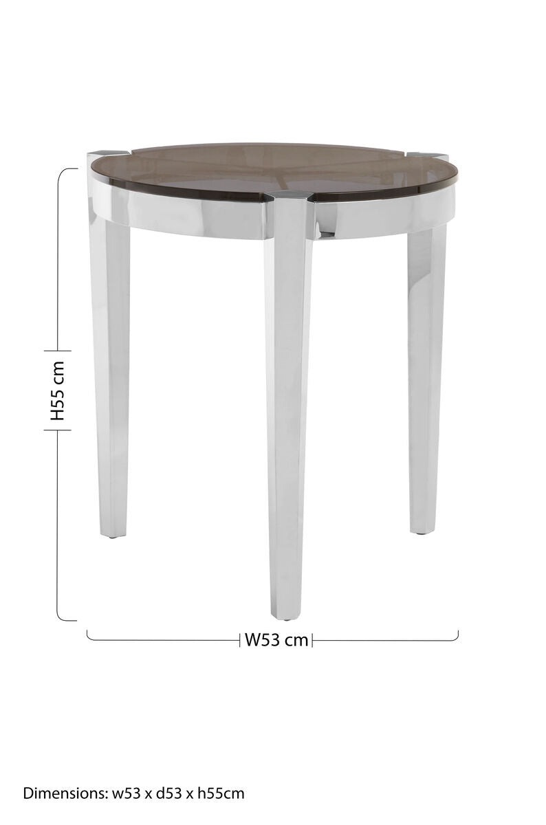Smoky Grey Glass Round Top End Table With Silver Stainless Steel Frame, Piermount