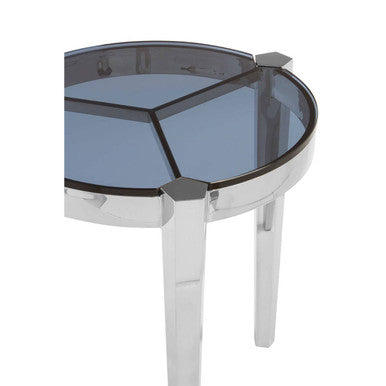 Smoky Grey Glass Round Top End Table With Silver Stainless Steel Frame, Piermount
