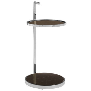 Black Marble Shelf Two Tier Round End Table With Silver Stainless Steel Base, Piermount