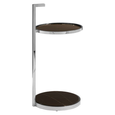 Black Marble Shelf Two Tier Round End Table With Silver Stainless Steel Base, Piermount