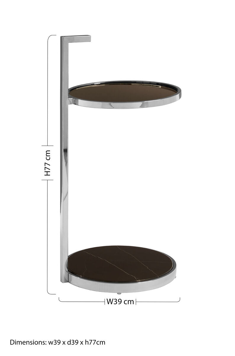 Black Marble Shelf Two Tier Round End Table With Silver Stainless Steel Base, Piermount