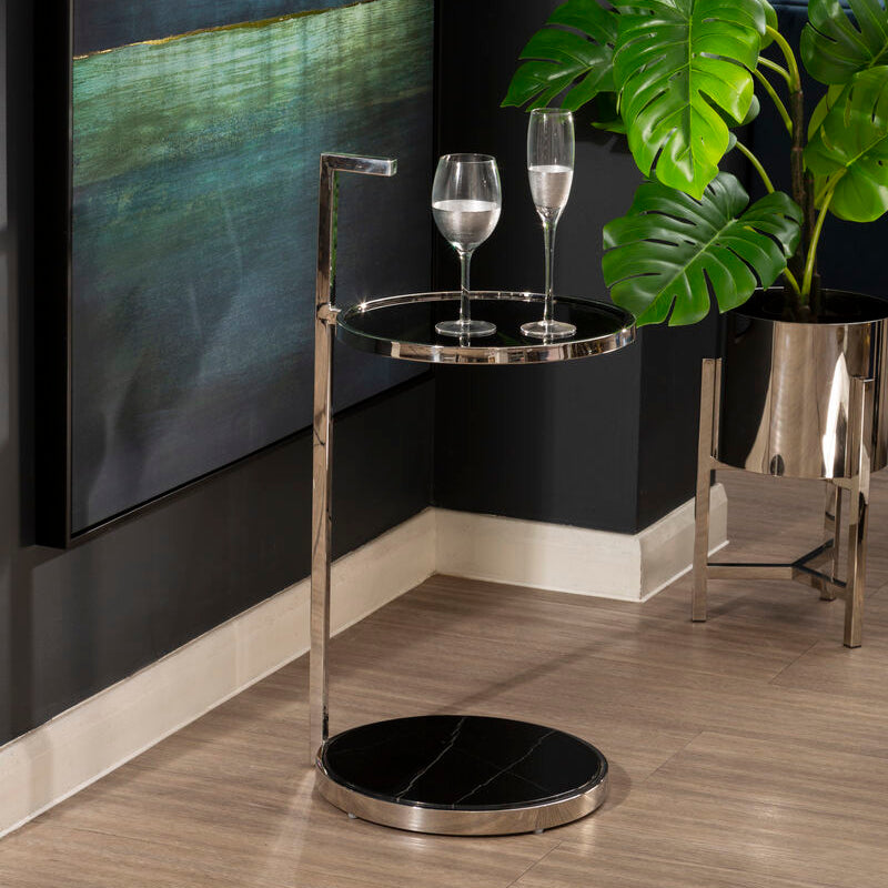 Black Marble Shelf Two Tier Round End Table With Silver Stainless Steel Base, Piermount