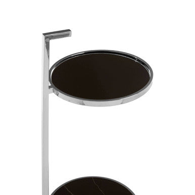 Black Marble Shelf Two Tier Round End Table With Silver Stainless Steel Base, Piermount