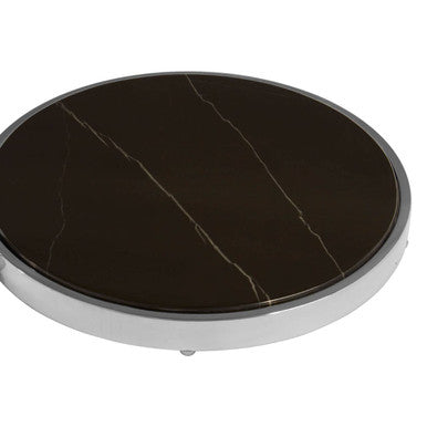 Black Marble Shelf Two Tier Round End Table With Silver Stainless Steel Base, Piermount