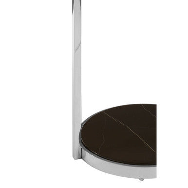 Black Marble Shelf Two Tier Round End Table With Silver Stainless Steel Base, Piermount
